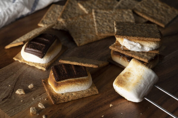 S'more with marshmallow and chocolate sandwiched between crackers.