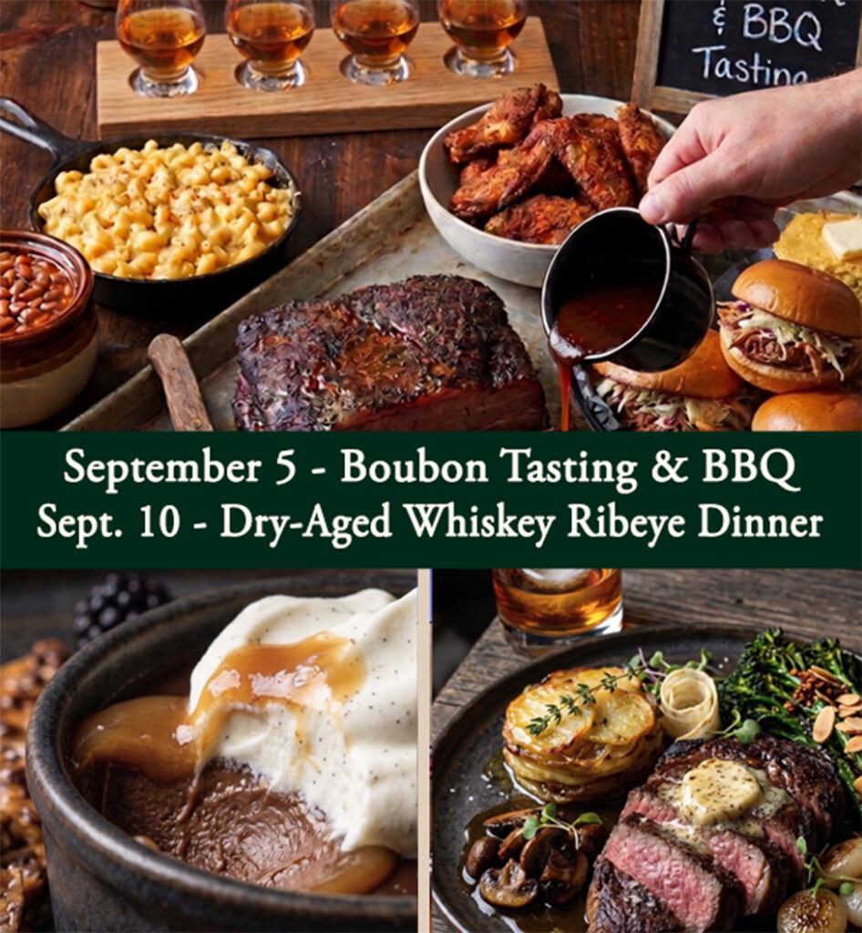 September events at The Inns at St. Albans includes Bourbon & BBQ Night sand a Dry-Aged Whiskey Ribeye Dinner.
